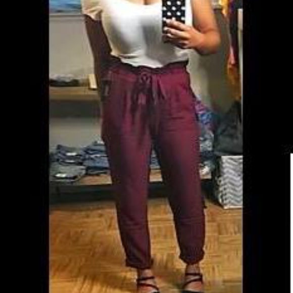 Ruffle Waist Drawstring Burgandy Trousers - Picture 3 of 3